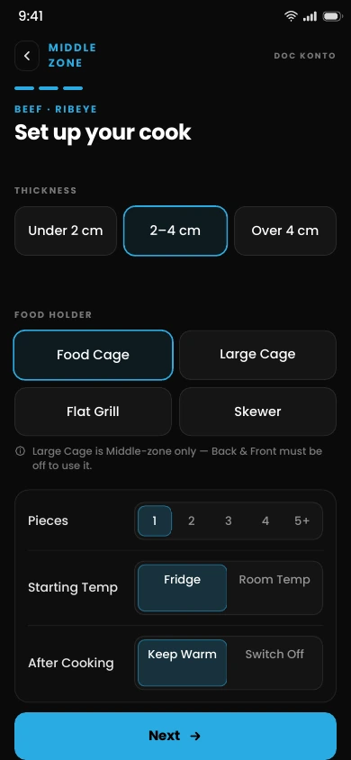 SmartBBQ mobile app preview: preset setup for a ribeye cook, including food holder and after-cooking options