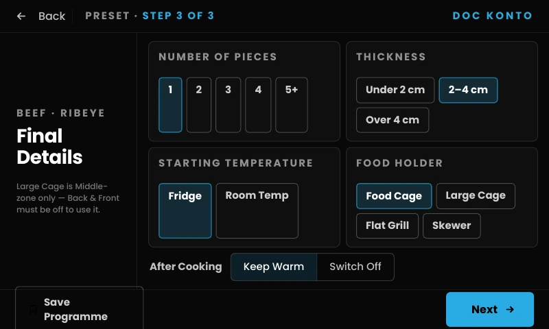 SmartBBQ touchscreen preview: ribeye preset setup with food and cooking options